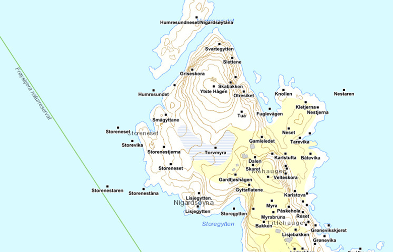 Kartutsnitt frå Fylkesatlas Vestland av Nigardsøyna. Utsnittet har topografisk grunnkart som bakgrunn og med temalaget «Stadnamn» lagt på.