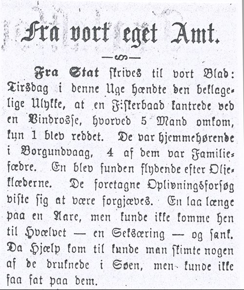 Bilete av ei notis frå Nordre Bergenhus Amtstidende i Florø om ei ulykke hvor fem menn omkom.