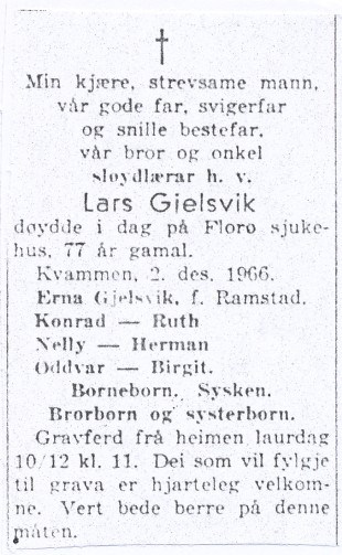 Bilete av dødsannonsen til Lars Gjelsvik i Firda Folkeblad.