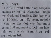 «N.S. i Sogn», notis i Sogns Avis 18.08.1936, om NS på talarferd i Sogn og Fjordane i høve stortingsvalet 19. oktober.