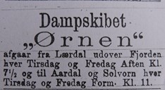 Annonse i Sogns Tidende, 28.07.1898: Ruta til DS «Ørnen» i indre Sogn. Annonsa stod i fleire nummer av avisa.