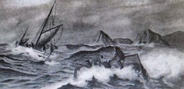 «til Skibbrudnes Redning». Fiskarar på kvelv, illustrasjon til biskop Chr. Bang si oppmoding om å støtta Redningsselskapet i jubileumshefte 1916.