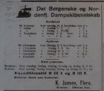 K. Jansen, Florø, tok til som dampskipsekspeditør i Florø i 1917. I annonsa her, i Nordre Bergenhus Amtstidende (Florø), 21.03.1917, finn vi anløp av båt til Newcastle «fredag kl. 5 fm.»
