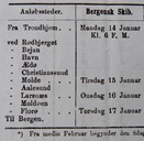 Florø stoppestad i «De Bergenske og Nordenfjeldske Dampskibsselskaber» si rute «mellem Bergen og Trondhjem» 1. januar 1868 – 31. mars 1868. Utsnitt frå «Bekjentgjørelse».