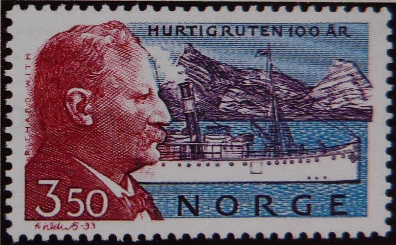 «Hurtigruten 100 år», særfrimerke 17. juni 1993. Motiv: Kaptein Richard With og DS «Vesteraalen»