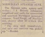 Notis om torpederinga i den engelske avisa The Nottingham Evening Post, 24. mars, same dagen som torpederinga fann stad. Avisa har det britiske nyhendebyrået Reuter som kjelde.
