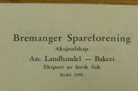 Utsnitt av brevarket til Bremanger Spareforening brukt i 1956. Etableringsåret 1880 stemmer ikkje. Bremanger Spareforening vart grunnlagt like etter 1870.