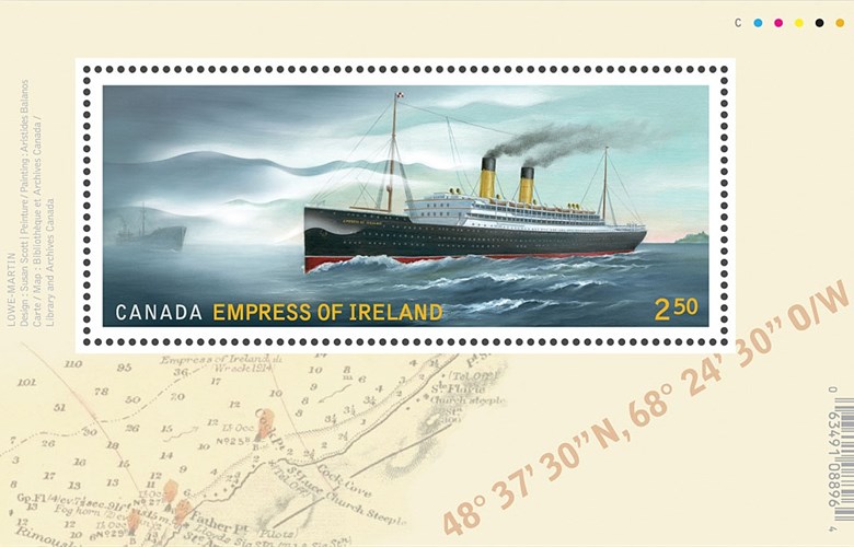 Det canadiske passasjerskipet SS «Empress of Ireland» på canadisk frimerke i høve 100 års-markeringa 2014. Skipet tilhøyrde Canadian Pacific Steamship Company (CPA).
