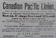 Annonse for «Canadian Pacific Linien» i Sogningen (Vik), 9. mai 1914, frå generalagent i Bergen, A. Litland.