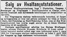 Staten avvikla kvalstasjonane sine i 1920. Annonse i Aftenposten 24 februar 1920.