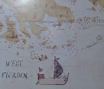 Utsnitt av kartet Norlandia (1750) som viser Norfar Leeden (norfarleia) sør til Trøndelag. Frå Hustadvika segla jektene gjerne utaskjers sørover til Bergen. Heile strekninga vart omtala som Stadhavet. (Originalkartet Norlandia er oppbevart i Tromsø Museum.)