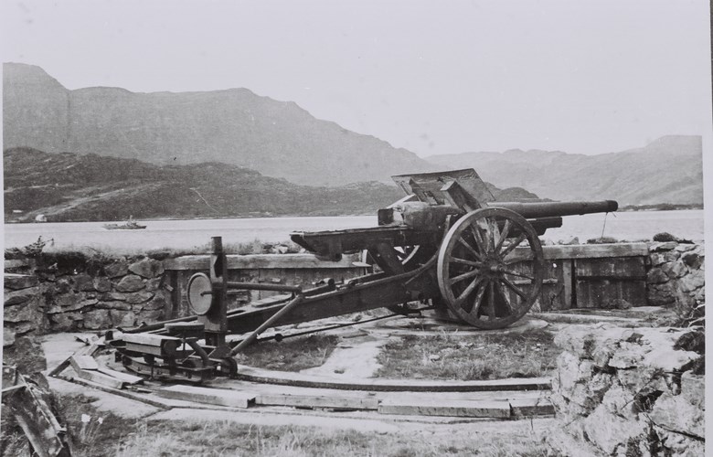 Mange av kanonene som tyskarane brukte i sine kystbatteri, var franske feltkanoner tekne som krigsbytte. Biletet er frå Vemmelsvik, og viser tredje kanon som er ein fransk 10,5 cm feltkanon modell 1913, K.331(f) med hjullavett.