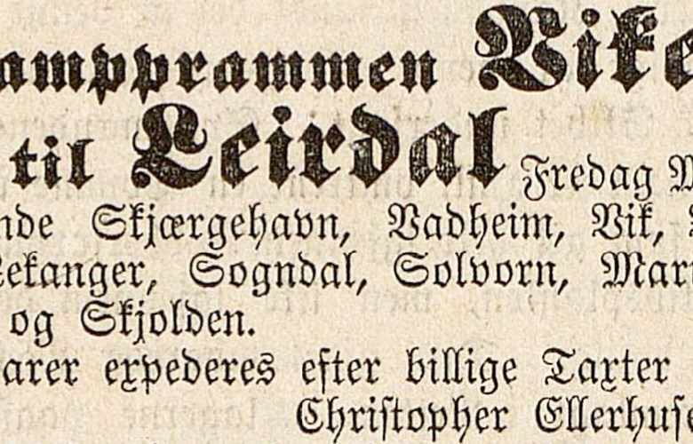 Annonse i avisa Bergens Adressecontoirs Efterretninger, 08.09.1869, om at dampprammen «Viken» skal gå i rute frå Bergen til Sogn (og tilbake). Båten tilhøyrde Bergens Dampprammelag, etter alt å døma skipa våren 1869.