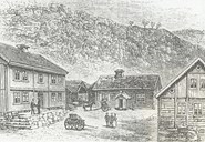 Husum skysstasjon i 1870-åra. Rikstelefonstasjonen vart montert i privatbustaden til høgre på biletet i 1896.