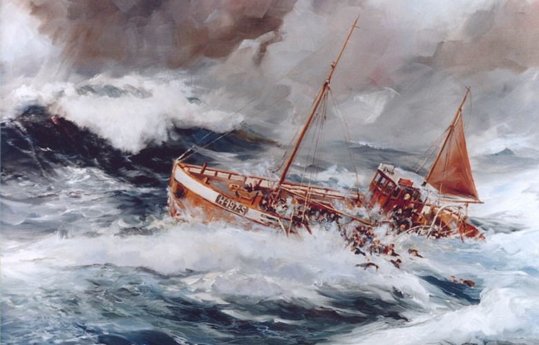 "Blia"-forliset i november 1941. Fotografi av målarstykke laga av Ants Lepson på grunnlag av innsamla data om båten av Trond Strandenes, nevø av ein av dei omkomne.