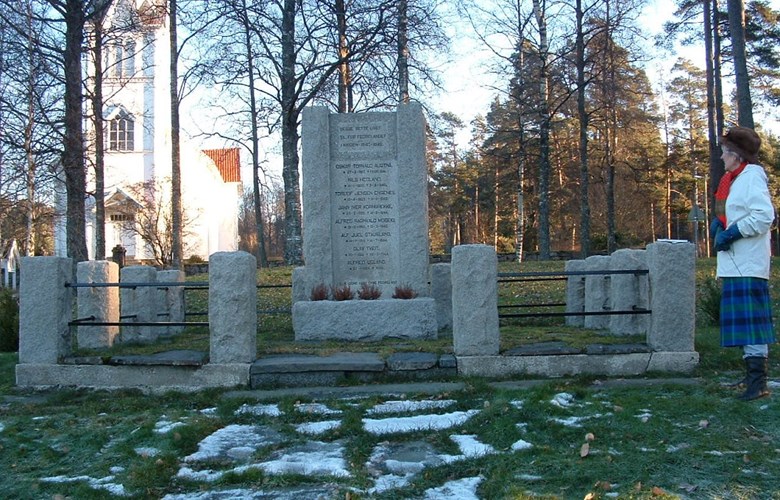 Minnemonumentet ved Evje kyrkje over dei sju falne frå Evje i krigen 1940-1945. Politikonstabel Jahn Kornbrekke var ein av dei. Minnesmerket vart reist hausten 1946.