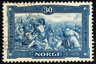 60 øres-frimerket i Snorre Sturlason-utgåva 1941 har "Hærmenn før Stiklestad-slaget" av Halvdan Egedius som motiv.
