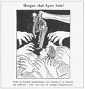 Ein språkprofessor sitt mareritt? <i>Morgenavisen</i> gav Gustav Indrebø ein hard start i Bergen, men målfolket ynskte han hjarteleg velkomen til byen. Teikninga er frå Bergensgutten nr. 1/1931.