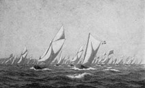 Garnbåtane for vårsildfiske for fulle segl. Originalen til illustrasjonen er laga av den danske kunstnaren Carl Baagøe.