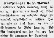 Gjert Aarnes døydde 17. oktober 1910. Notis i Fjordenes Blad om dødsfallet.