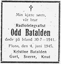 Familien til Odd Batalden sette inn dødsannonse i Firda Folkeblad 5. juni 1945.