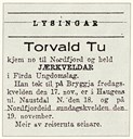 Annonse i Fjordabladet for Torvald Tu-kveld på Bryggja.