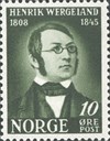 I 1945 gav Posteverket ut tre minnefrimerke i høve 100-årsdagen for Henrik Wergelands død. Motivet vart laga etter portrettfotografi (daguerreotypi) frå 1840 eller 1841.