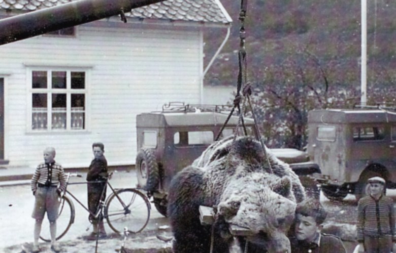 Bjørnen dei skaut i Leirdalen 25. mai 1956 vart frakta rundt på framsyning. Guten attmed bjørnen er Kjell Solem.