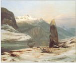 I.C. Dahl: "Vinter ved Sognefjorden", 1827. Motivet viser ein bautastein på Nornes. På andre sida av Norafjorden ligg Fimreite. Fjella i bakgrunnen ligg på sørsida av Sognefjorden.