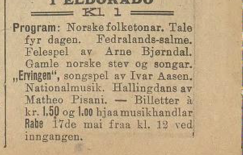 Annonse frå Bergens Tidende torsdag 16. mai 1918. Matheo Pisani skal danse halling i Eldorado på 17. mai.