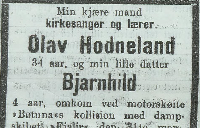 Dødsannonse for Olav Hodneland og dottera Bjarnhild.