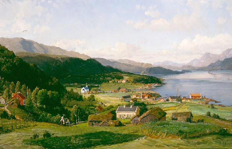 Det eine islands-maleriet viser bygda Dale med utsyn frå garden Yksnebjør vestover Dalsfjorden. Maleriet er signert "A.Askevold.1887". 