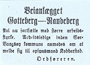 Melding i <i>Fjordenes Tidende</i> 19.04.1923 om auka arbeidsstyrke på 'Veianlægget Gotteberg-Raudeberg'. Arbeidsledige blir bedne om å melda seg.

 