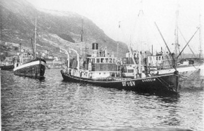 Sildesnurparen "Eystein" (Gamle-Svarten) vinteren 1954 fullasta med sild på Måløy hamn "med nasen såvidt over vatnet", -  ventar på å få levere. 
