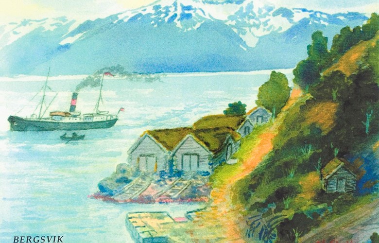 Bergsvika med bryggje, naust og ein fylkesbåt som vert borda. Her i Vika var det båtstoppestad for Fylkesbaatane i ein tiårsperiode kring 1900. Det var ekspedisjonsrom i naustet med ark. Biletet er ein reproduksjon av ein akvarell laga av Norvald Stedje.