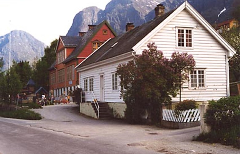 Det vesle kvite huset er skulehuset på Vangen, bygt 1879. Det store bak dette er Vangen skule, bygt 1933, ofte kalla Universitetet, då nærmast alt av skuleslag ei tid var samla her.