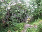 Lengst nede går stien forbi ein enormt stor stein. Det veks tett olderskog eit godt stykke oppover.