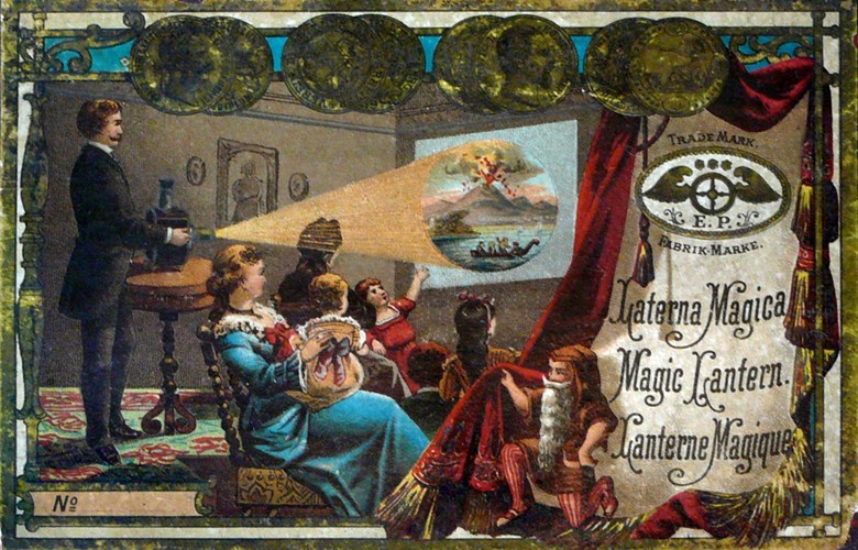 Laterna Magica var eit svært populært underhaldningsmedium i tida 1840-1910. Illustrasjonen syner eska som den tyske lanternemodellen ”Climax”, (produsert i 1886), vart levert i.