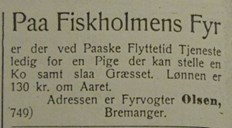 <p>Ledig post for tenestejente som kan stella ei ku og sl&aring; gras. &Aring;rsl&oslash;n kr. 130.-. (Annonse i Nordre Bergenhus Amtstidende, 05.12.1909).</p>