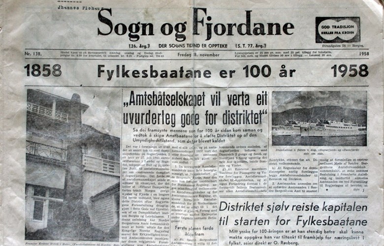 Skipingsdatoen for Fylkesbaatane er 2. desember 1858, dagen då DS ”Framnæs” blei sett inn på ruta Bergen-Sogn. Avisa <i>Sogn og Fjordane</i> si utgåve 28. november 1958 var i røynda eit jubileumsnummer. Over halve utgåva handlar om Fylkesbaatane.