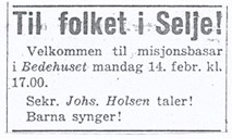 <p>Annonnse i Fjordenes Tidende, 11.02.1966, om misjonsbasar i Bedehuset.&nbsp;</p>