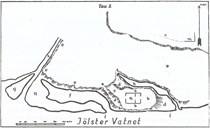 Skisse over borgområdet på Ålhus kring 1920. Det gjekk då vatn inn på begge sider av borgstaden, merka med bokstavane h og f.