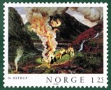 <i>Jonsokbål</i> av Nikolai Astrup. Posten gav ut dette frimerket i 1980 i serien <i>Norsk målarkunst.</i> Astrup daterte sjeldan kunstverka sine. <i>Jonsokbål</i> vart måla mellom 1902 og 1912.

