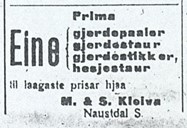 <p>Firmaet M &amp; S Kleiva, Naustdal i Sunnfjord, annonserte 1921 til sals: hesjestaur, gjerdep&aring;lar, gjerdestaur og gjerdstikker &ndash; alt av eine &ndash; til &laquo;laagaste prisar&raquo;.</p>