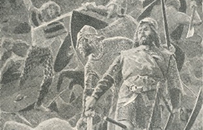 <p>Fr&aring; Slaget ved Strangeford Lough i Nord-Irland 23. august 1103, slik ein teiknar har skildra hendinga d&aring; kong Magnus Berrf&oslash;tt fekk eit spyd gjennom begge l&aring;ra. Kongen tok ta i spydet og braut det i to med desse orda: &rdquo;Soleis bryt me leggsperror, gutar. Klem p&aring;, dette nauvar ikkje meg!&rdquo; [gjer meg ingen ting]</p>