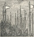 <p>Snorre Sturlason: Kongesogur (1900) er rikt illustrert av fleire kunstnarar. Denne teikninga h&oslash;yrer til slaget i Ulster 1103. Biletteksten er henta fr&aring; Snorre: &rdquo;D&aring; soli rann, gjekk Magnus og mennene hans i land.&rdquo;</p>