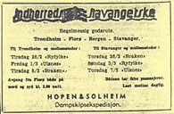 <p>Innherreds og Stavangerske hadde samsegling i godsrute Stavanger-Trondheim-Stavanger. Anl&oslash;p i Flor&oslash; 26.02-07.03.1957, annonsert i<em> Firda Folkeblad</em></p>