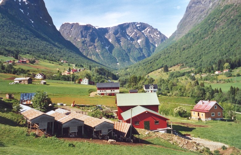 Gardstunet på Fletene sett mot sørvest. Fresvikdalen deler seg i to, Storadalen går i vestleg retning og Tundalen i sørleg retning.
