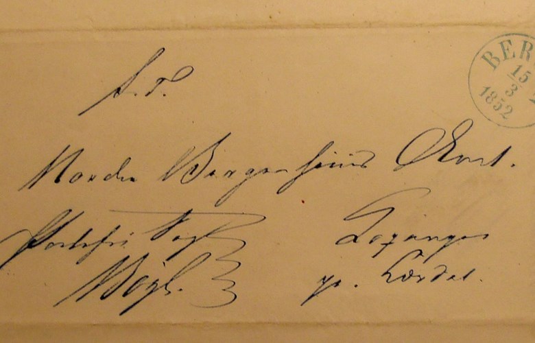 Framside på brev til Nordre Bergenhuus Amt, poststempla Bergen 15.3.1852, adressert til «Kopanger» (Kaupanger).