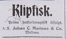 «Klipfisk. Prima husholdningsfisk» hjå A/S Johan C Martens & Co. i Måløy 1917. (Fjordenes Tidende 06.12.1917)